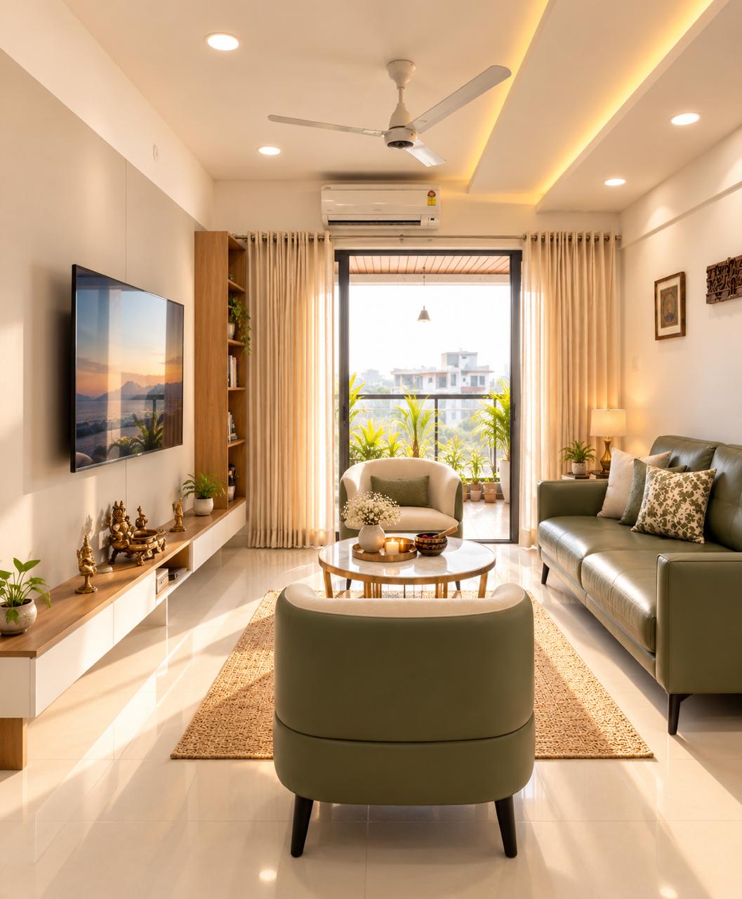 Wide view of bright living room with modern furniture and balcony